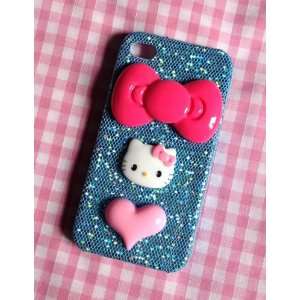  Hello Kitty Blue / Pink Glitter Kawaii Bow Deco Iphone 4 