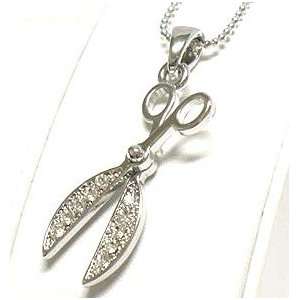 Trendy 3d Hairdressers Scissors Charm Necklace with Crystals Silver 