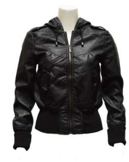  Ladies Black Synthetic Hooded Leather Jacket: Clothing