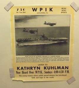 1950s WPIK Radio 14x17 POSTER News USS BOXER Carrier   Alexandria 