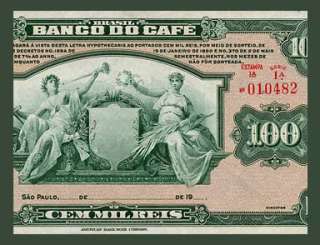100 MIL REIS Banknote of BRAZIL 1890   COFFEE Coupon Note   Pick S541 