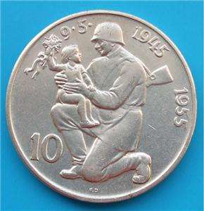 1955,Silver 10Korun,10th anniversary Liberation, CSR, UNC  