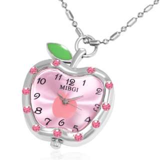 Fashion Apple Charm Pocket Watch Necklace with Gem Stones  