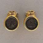 ANCIENT 8.6MM COIN CLIP & POST EARRINGS 18K YELLOW GOLD DIAMOND GREEK 