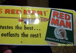 Rare Red Man Chewing Tobacco Tin Sign   Great Condition!  