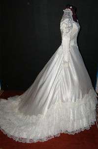 Z13 VTG 80s satin lace princess wedding CLEAN gown M  