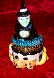 Halloween Porcelain Hinged Witch on Broom Box, Samhain  