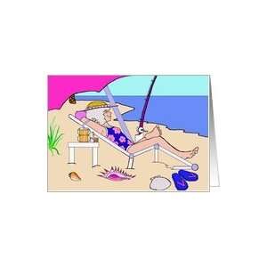  Old woman lounging on the beach. Card Health & Personal 