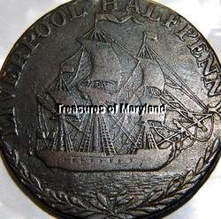 OLD ENGLISH COIN 1791 SAILING SHIP COLONIAL HALFPENNY  