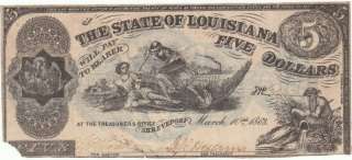 1863 SHREVEPORT $5.00 THE STATE OF LOUISIANA Bank Note  