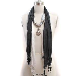  Gradient Black and White Color Charm Decorated Pashmina 