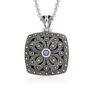   : Amethyst, Marcasite Locket Pendant Necklace In Silver. 18 Jewelry