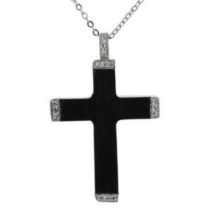   White Cubic Zirconia on Wood Cross Necklace with Filligree Back Design