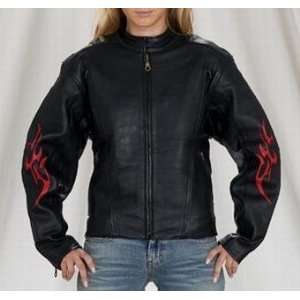  Womens Leather Motorcycle Jacket, Vented, Flames on front 