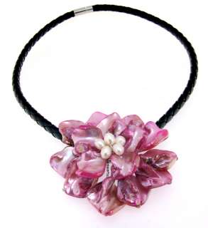 Pink shell Mop Flower FW Pearl Gemstone Necklace 18  