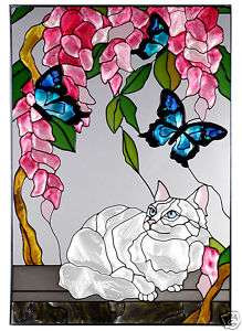 WHITE PERSIAN CAT Painted Glass Window 14x20 Suncatcher  