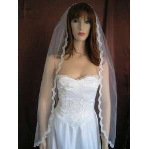  1 Tier Ivory Fingertip Length Mantilla Lace Bridal Wedding 