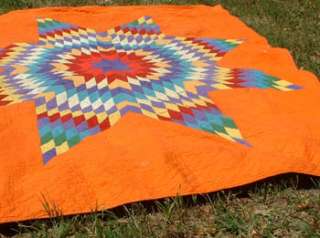Vintage Quilt   1940s   Lone Star   Orange and Bright Colors   Worn 