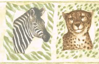 LEOPARD, TIGER, ZEBRA & GIRAFFE Green & tan Background Wallpaper 