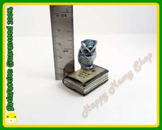 Miniature Figurine Ceramic Animal Bird Statue Owl & Book Blue  