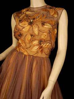 Vintage Brown Silk Chiffon Beaded Cocktail Dress 1950S  