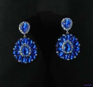Blue Crystal Drag Queen Bridal Prom Pageant CLIP Earrings New  