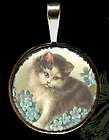 Vtg Cats Kittens Kitty Postcard Blue Forget Me Nots Charm Necklace 