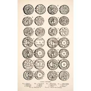  1893 Print Saxon Pennies England Coin Profile Head Ancient 