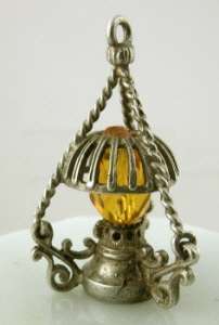 Vintage English Silver HANGING OIL LAMP Charm AMBER CRYSTAL  