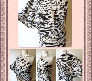 NEW White/Black Zebra Animal Print One Off Shoulder Kimono Batwing 