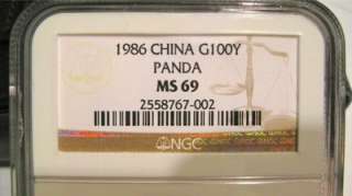 1986 1oz China Gold Panda NGC Graded MS 69, 100 Yuan   