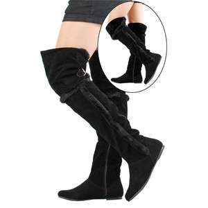   BLACK Thigh High Womens Flat Micro Suede Winter Designer Boots  