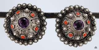 Pair 800 Purity Silver Amethyst & Coral Earrings Italy  