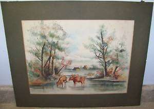 VINTAGE COW HUDSON RIVER ROW BOAT WATERCOLOR PAINTING  