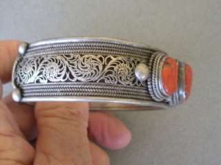 Antique Tibetan silver and coral filigree carving bracelet cuff