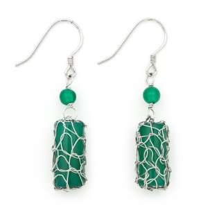  Wire wrapped Lace Green Cylinder Agate Dangle Earrings in 