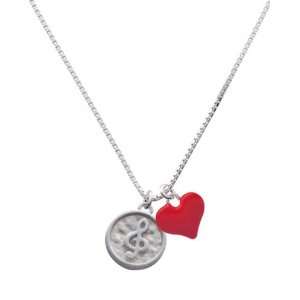 Music Clef   Round Seal and Red Heart Charm Necklace