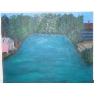   Painting, Authentic Acrylic Landscape, Backyard Pond Home & Kitchen