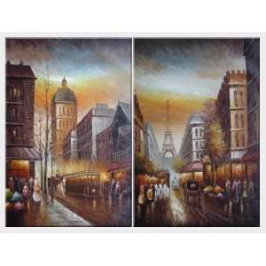  Paris Trolley Bus and Horse Carriage   2 Canvas Set Oil 