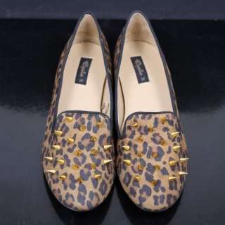 Golden Spike Studded Point Rivets Retro Leopard Suede Loafers Flat 