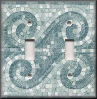 Double Switch Plate Cover   Faux Tile Swirls Blue  
