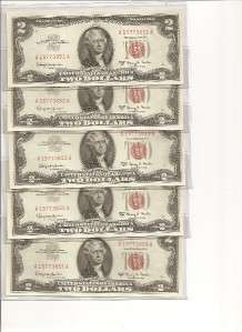 1963 $2 RED SEAL 10 CONSECUTIVE SERIAL NUMBERS UNC LOT  