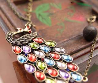 New Antiqued Prancing Peacock Multi Sequin Long Necklace #B26  