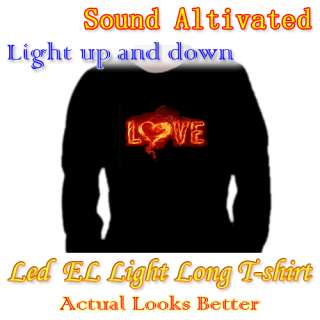 Music Sound Activated Up & Down LED Light EL Long Sleeve T Shirt Love 