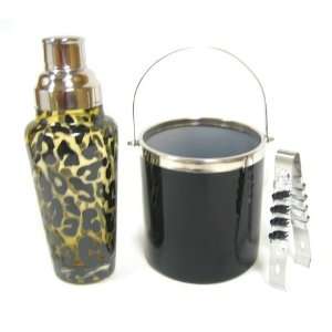   Shaker Set with Ice Bucket and Ice Tongs Leopard