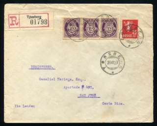 NORWAY TONSBERG REGISTERED COVER TO COSTA RICA  