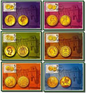 Gold coins on stamps numismatics maxicards 2006 Romania  