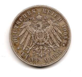 German Bavaria Bayern 0.900 Silver coin 1903 5 Mark XF  