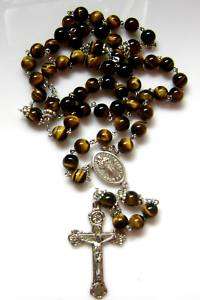 Rare 8MM Tiger Eye Jade Beads Rose Rosary Cross  