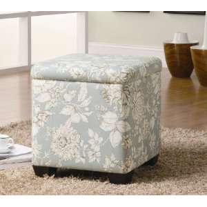  Square Storage Ottoman with Flower Pattern in Sky Blue 